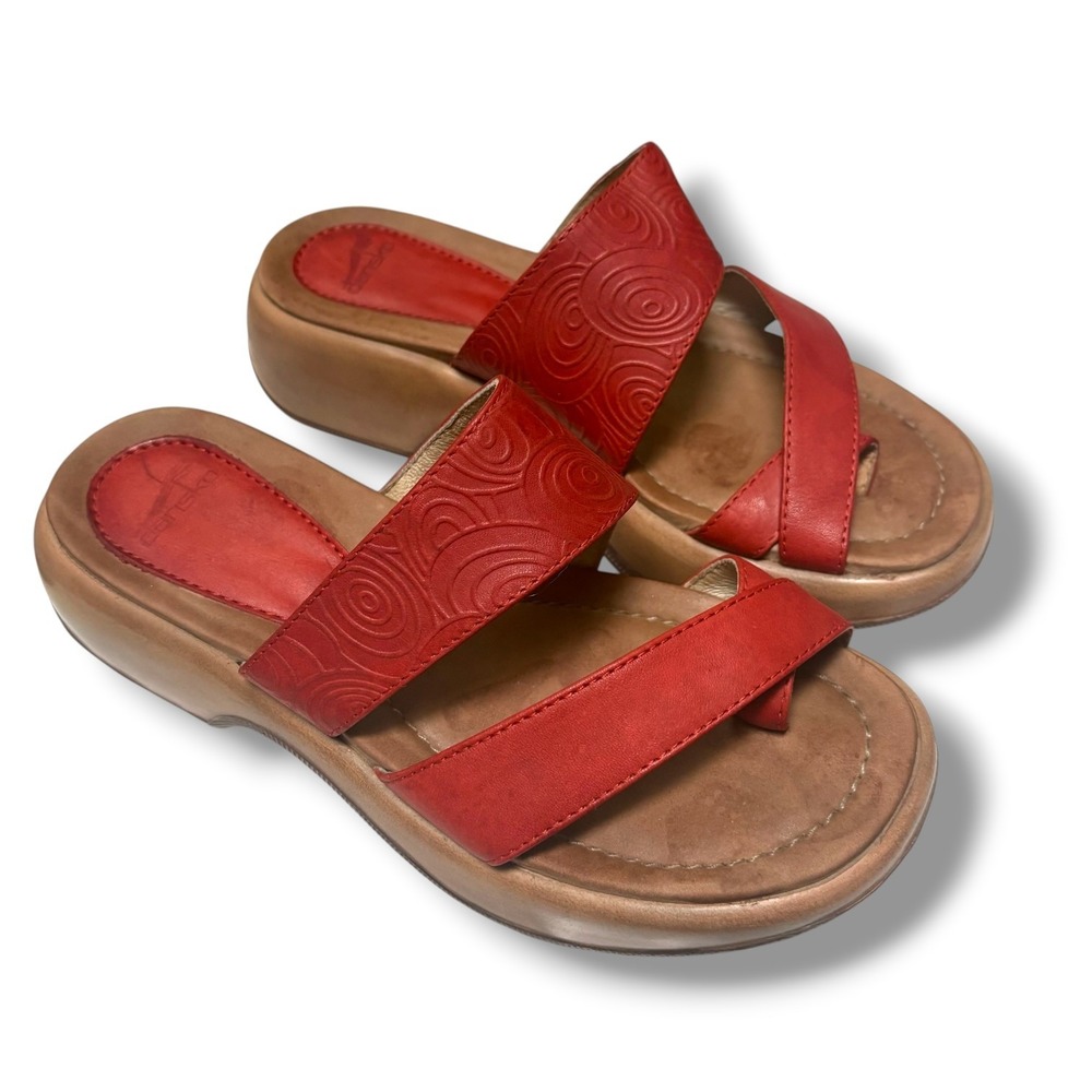 Dansko Red Leather Swirl Embossed Toe Loop Platform Wedge Slide Sandals